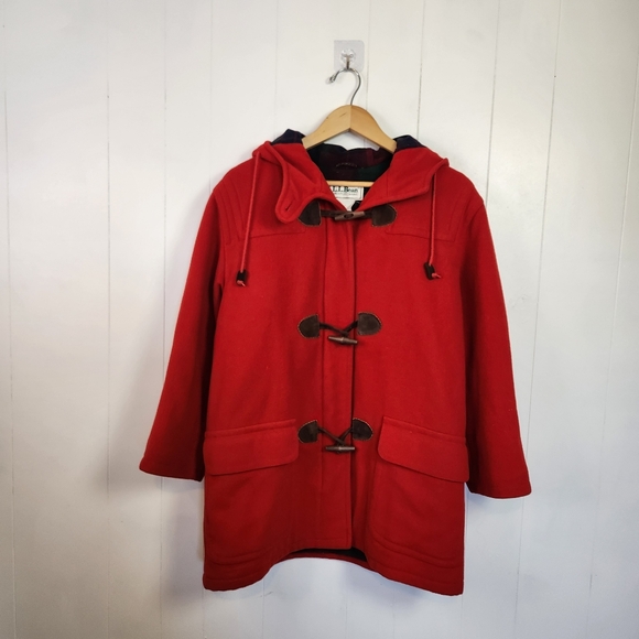 L.L. Bean Jackets & Blazers - LL Bean Vintage Red Duffle Toggle Wool Coat Jacket Pockets Plaid Fisherman